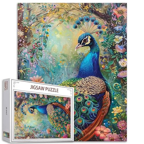 Tucocoo Pfauen-Puzzle, 1000 Teile, Puzzles für Erwachsene, schöne Federn, abstrakte Blumen, Kunst-Puzzles für anspruchsvolle Familienaktivitäten, buntes DIY-Handarbeitspuzzle für Heimdekoration von Tucocoo