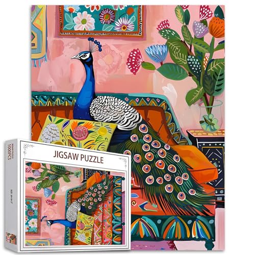 Tucocoo Pfauen-Puzzle, 1000 Teile, Puzzles für Erwachsene, schönes Zimmer, niedliches Tier, Retro-Kunst-Puzzles für anspruchsvolle Familienaktivitäten, buntes DIY-Bastelpuzzle für Heimdekoration von Tucocoo