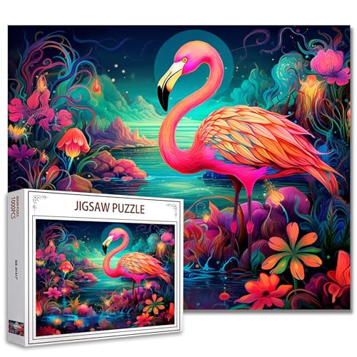 Tucocoo Pink Flamingo Puzzle 1000 Teile Puzzles für Erwachsene, Bergsee, abstrakte Tierkunst-Puzzles für anspruchsvolle Familienaktivitäten, buntes DIY-Puzzle für Heimdekoration, Geschenke von Tucocoo