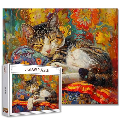 Tucocoo Puzzle 1000 Teile für Erwachsene niedliche schlafende Kätzchen Malerei Vintage Katze 1000 Teile Puzzle für herausforderndes Aktivitätsspiel Familie Tiere Puzzle DIY Dekoration von Tucocoo