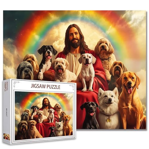 Tucocoo Puzzle Jesus im Himmel für Erwachsene, 1000 Teile, Hunde, Tiere, Religionen, Regenbogen-Kunst-Puzzle, buntes DIY-Puzzle, für Heimdekoration, Geschenke, Familienpuzzle, perfekt für Spieleabende von Tucocoo