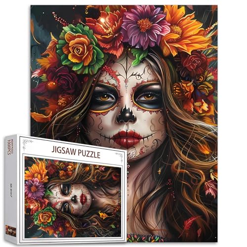 Tucocoo Puzzle Tag der Toten für Erwachsene, 1000 Teile, Totenkopf-Blumen, Frauen-Portrait-Kunst-Puzzle, bunt, DIY-Puzzles für Heimdekoration, Geschenke, Familienpuzzle, perfekt für Spieleabende von Tucocoo