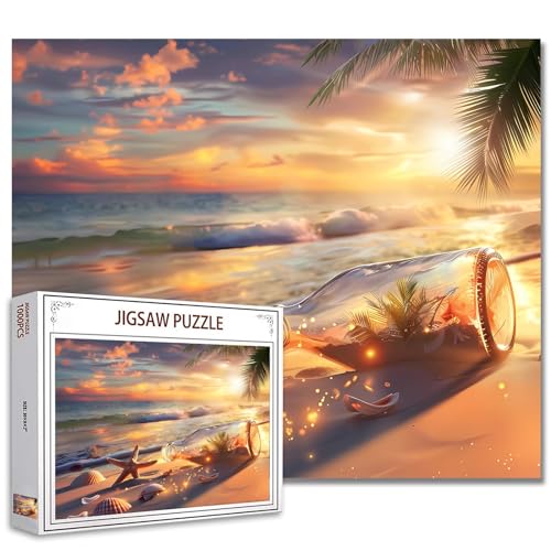 Tucocoo Puzzle für Erwachsene, Motiv: Sonnenuntergang, Strandlandschaft, 1000 Teile, Meeresflasche, Seestern, Kunst-Puzzle, 50 x 70 cm, Bunte DIY-Puzzles für Heimdekoration, Familienpuzzle von Tucocoo