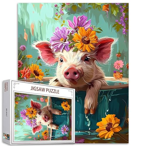 Tucocoo Puzzle mit Schwein in der Badewanne, 1000 Teile für Erwachsene, Bauernhaus, Bezaubernde Tierblumen, Kunst-Puzzles für anspruchsvolle Familienaktivitäten, buntes DIY-Puzzle für Heimdekoration von Tucocoo