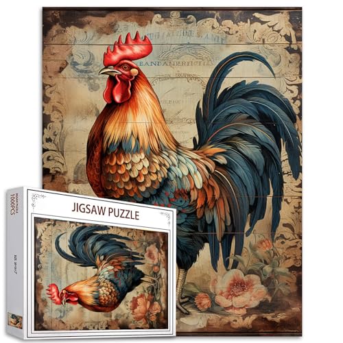 Tucocoo Rustikales Hahn-Puzzle, 1000 Teile, Puzzles für Erwachsene, Tier-Huhn, Vintage-Kunst-Puzzles für anspruchsvolle Familienaktivitäten, buntes DIY-Bastelpuzzle für Heimdekoration, Geschenke von Tucocoo