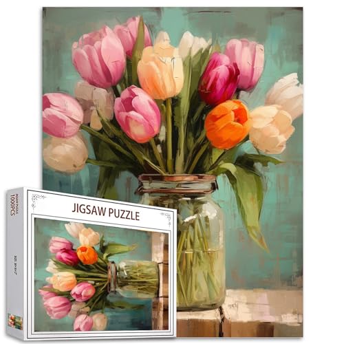 Tucocoo Rustikales Tulpen-Kunst-Puzzle, 1000 Teile, Puzzles für Erwachsene, Impressionismus, Blumen, Stillleben, Puzzles für anspruchsvolle Familienaktivitäten, buntes DIY-Puzzle für Heimdekoration von Tucocoo