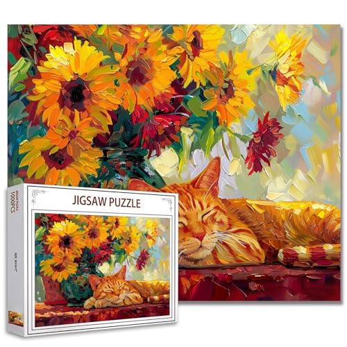 Tucocoo Schlafende Katze Puzzle 1000 Teile Puzzle für Erwachsene Niedliche Retro Kätzchen Sonnenblumen Kunstpuzzle für herausfordernde Familien-Aktivitätsspiele Bunte DIY Geschenke von Tucocoo