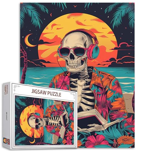 Tucocoo Skelett Kopfhörer Kopf Jigsaw Puzzle 1000 Teile Puzzles für Erwachsene, Lesen eines Buches Strand Chic Stil Blumen Kunst Puzzles für herausfordernde Familienaktivitätsspiele DIY Puzzle für von Tucocoo