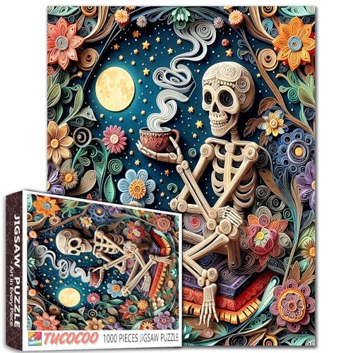 Tucocoo Skelett und Blumen Puzzle für Erwachsene 1000 Teile, skurriles Totenkopf Mondlicht Papier Kunst Schwieriges Puzzle Herausfordernde Nachthimmel Blumenpuzzle für Familienspielabende Home Wall Tucocoo Skelett und Blumen Puzzle für Erwachsene 1000 Teile, skurriles Totenkopf Mondlicht Papier Kunst Schwieriges Puzzle Herausfordernde Nachthimmel Blumenpuzzle für Familienspielabende Home Wall von Tucocoo