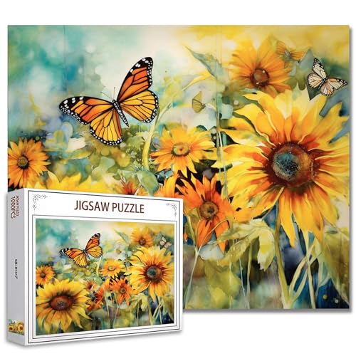 Tucocoo Sonnenblumen-Landschafts-Puzzles für Erwachsene, 1000 Teile, Schmetterlings-Blumen, Puzzle, Kunst, 70 x 50 cm, bunt, DIY-Puzzles für Heimdekoration, Familienpuzzle, perfekt für von Tucocoo