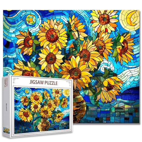Tucocoo Sonnenblumen-Puzzles für Erwachsene, 1000 Teile, Buntglas, Van Gogh-Stil, Kunstwerk-Puzzle, 70 x 50 cm, Bunte Puzzles für Heimdekoration, Familienpuzzle, perfekt für Spieleabende von Tucocoo