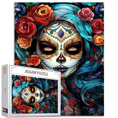 Tucocoo Sugar Skull Woman Puzzle 1000 Teile Puzzles für Erwachsene, Skelett-Mädchen mit Blumen, Kunst-Puzzles für anspruchsvolle Familienaktivitäten, buntes DIY-Puzzle für Heimdekoration, Geschenke von Tucocoo