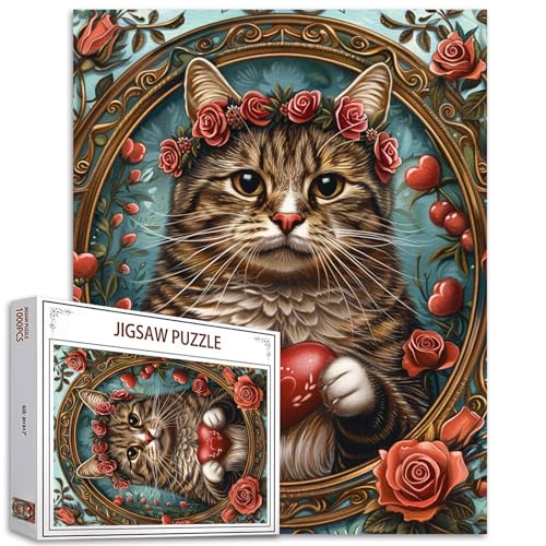 Tucocoo Sweet Tabby Cat Puzzle, 1000 Teile, Puzzles für Erwachsene, hält ein Herz, Kätzchen, Blumenkrone, Kunstpuzzles für anspruchsvolle Familienaktivitäten, buntes DIY-Puzzle für Heimdekoration, von Tucocoo