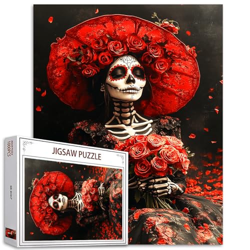 Tucocoo Tag der Toten Puzzle 1000 Teile Puzzles für Erwachsene Rote Rosen Skelett Frau Blumen Kunst Puzzles für herausfordernde Familienaktivitätsspiele DIY Handwerk Puzzle für Zuhause Wanddekoration von Tucocoo