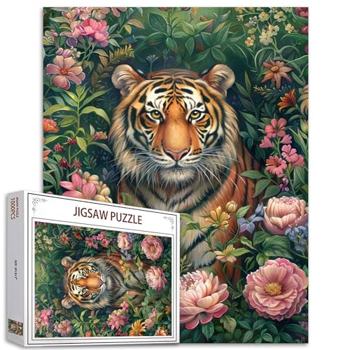 Tucocoo Tiger Floral Puzzle für Erwachsene, 1000 Teile, natürliche Wildblumen, Tierkunst-Puzzle, 70 x 50 cm, bunte DIY-Puzzles für Heimdekoration, Familienpuzzle, perfekt für Spielabende von Tucocoo