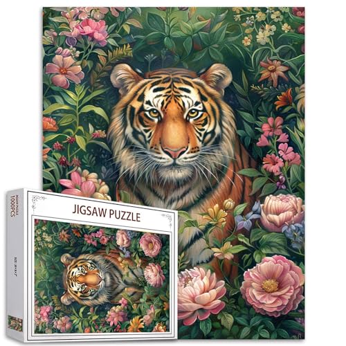 Tucocoo Tiger Floral Puzzle für Erwachsene, 1000 Teile, natürliche Wildblumen, Tierkunst-Puzzle, 70 x 50 cm, Bunte DIY-Puzzles für Heimdekoration, Familienpuzzle, perfekt für Spielabende von Tucocoo