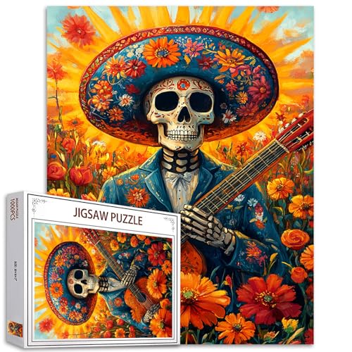 Tucocoo Totenkopf-Musik-Puzzles für Erwachsene, 1000 Teile, Skelett, mexikanischer Stil, Blumen, Kunst-Puzzle, bunt, DIY-Bastelpuzzles für Heimdekoration, Geschenke, Familienpuzzle, perfekt für von Tucocoo