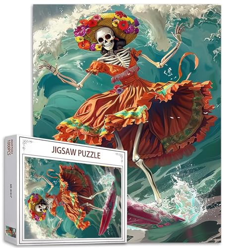 Tucocoo Totenkopf-Puzzles für Erwachsene, 1000 Teile, tanzendes Skelett, mexikanisches Kleid, Kunst-Puzzle, bunt, DIY-Bastelpuzzles für Heimdekoration, Geschenk, Familienpuzzle, perfekt für von Tucocoo