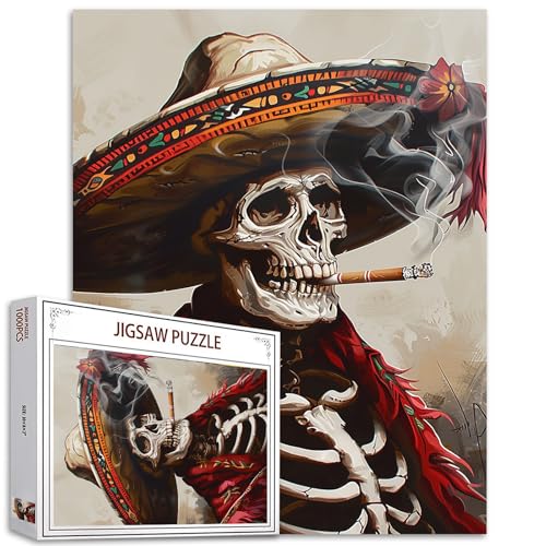 Tucocoo Totenkopf-Raucher-Puzzles für Erwachsene, 1000 Teile, Skelett, mexikanischer Charro-Hut, Kunst-Puzzle, bunt, DIY-Bastelpuzzles für Heimdekoration, Geschenke, Familienpuzzle, perfekt für von Tucocoo