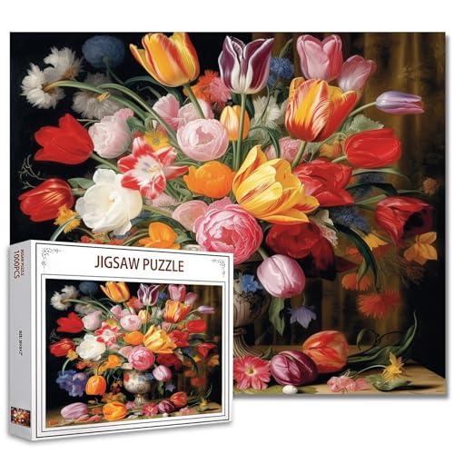 Tucocoo Tulpen Blumen Puzzle 1000 Teile Puzzles für Erwachsene, Vintage Vase Stillleben Puzzles für anspruchsvolle Familienaktivitätsspiele DIY Puzzle für Wohnkultur Geschenke - 70 x 50 cm von Tucocoo