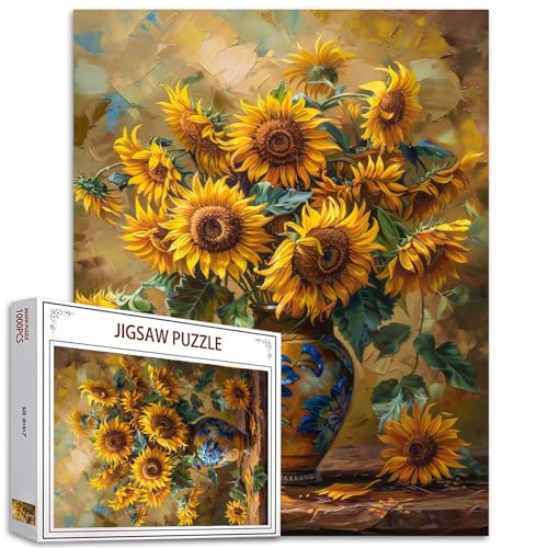 Tucocoo Vase mit Sonnenblumen, Puzzle, 1000 Teile Puzzles für Erwachsene, klassisches Stillleben, Blumen-Puzzles für anspruchsvolle Familienaktivitäten, Spiele, 70 x 50 cm, DIY-Puzzle für von Tucocoo