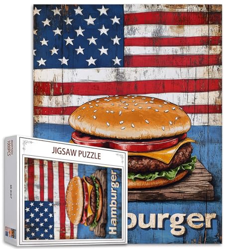 Tucocoo Vintage Hamburger Puzzles für Erwachsene 1000 Teile, Retro Amerikanische Flagge Kunst ländlichen Stil Puzzles DIY Handwerk Herausfordernde Puzzles für Heimdekoration, Familienpuzzle Perfekt von Tucocoo