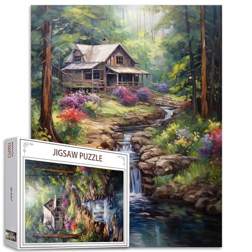 Tucocoo Wald Wasserfall Kunst Puzzle 1000 Teile Puzzles für Erwachsene, Rustikale Holzhütte Bäume Landschaft Puzzles für anspruchsvolle Familienaktivitätsspiele DIY Handwerk Puzzle für Heimdekoration von Tucocoo