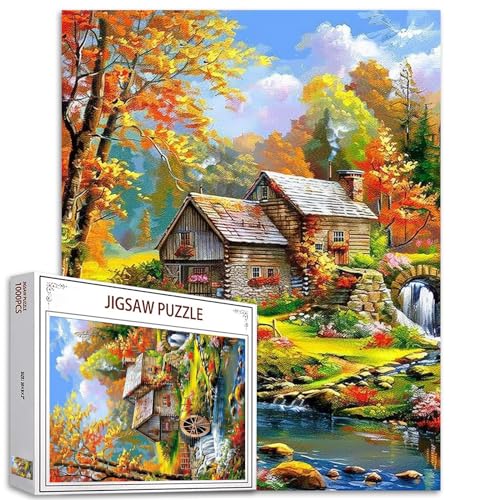 Tucocoo Wasserfall-Landschafts-Puzzles für Erwachsene, 1000 Teile, Wald-Puzzle, rustikales Haus, abstrakte Kunst, Puzzle, 70 x 50 cm, Bunte DIY-Puzzles für Heimdekoration, Familienpuzzle, perfekt von Tucocoo