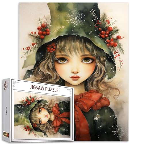 Tucocoo Weihnachtselfen-Puzzle, 1000 Teile, Puzzles für Erwachsene, skurrile Mädchen-Puzzle, Portrait, Aquarell-Kunst-Puzzles für anspruchsvolle Familienaktivitäten, Bastelpuzzle für Heimdekoration, von Tucocoo