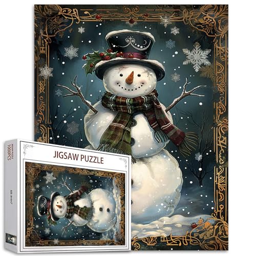 Tucocoo Weißer Schneemann-Puzzle, 1000 Teile, Puzzles für Erwachsene, Winter-Schneeflocken, Retro-Kunst-Puzzles für anspruchsvolle Familienaktivitäten, 70 x 50 cm, DIY-Puzzle für Heimdekoration von Tucocoo