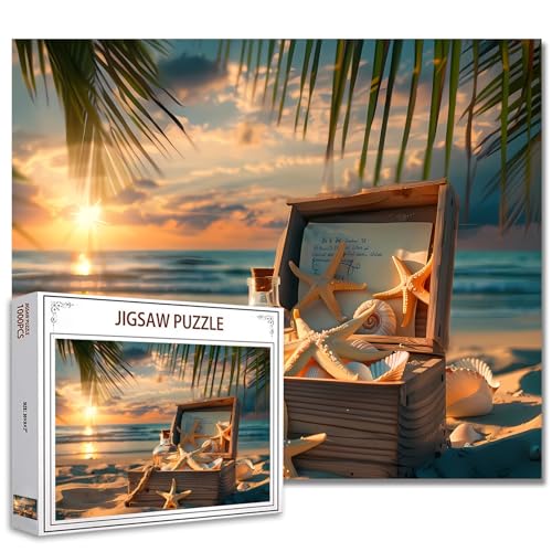 Tucocoo Wunderschönes Strand-Puzzle mit Sonnenuntergang, 1000 Teile, Puzzles für Erwachsene, Seestern, Muscheln, Kunstwerk-Puzzles für anspruchsvolle Familienaktivitäten, buntes DIY-Puzzle für von Tucocoo