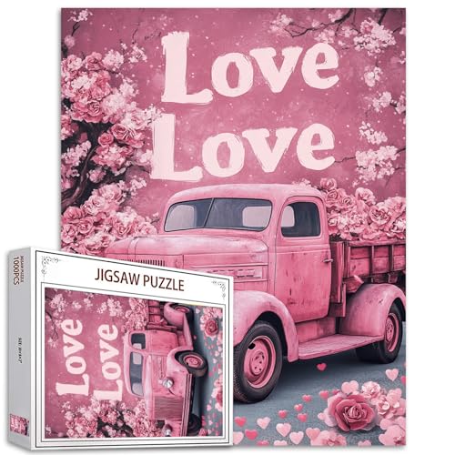 Valentine's Day Pink Truck Jigsaw Puzzle 1000 Stück für Erwachsene, Rose Blumen Liebe Herzen Kunst Puzzles für anspruchsvolle Familie Aktivität Spiele Bunte DIY Handarbeit Puzzle Home Decor Geschenke von Tucocoo