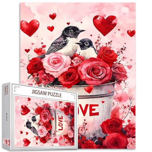 Valentine's Day Theme Jigsaw Puzzle 1000 Stück Puzzles für Erwachsene, Eimer mit roten Blumen Vogel Liebe Paar Jigsaw Puzzles für herausfordernde Familie Aktivität Spiel DIY Puzzle für Home Decor von Tucocoo