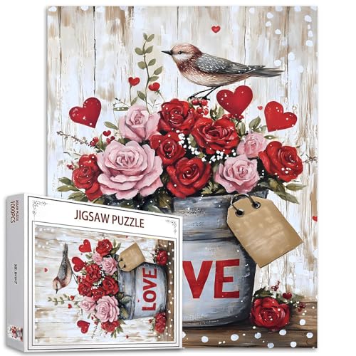 Valentinstag Thema Jigsaw Puzzle 1000 Stück Puzzle Erwachsene Eimer mit roten Blumen Vogel Liebe Paar Jigsaw Puzzles anspruchsvolle Familie Aktivität Spiel DIY handgemachte Geschenk-Puzzle Home Decor von Tucocoo