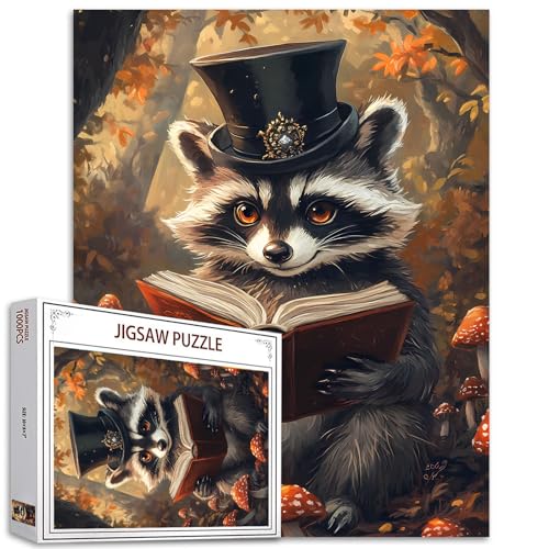 Waschbär Lesebuch 1000 Stück Puzzles für Erwachsene Tiere Jigsaw Puzzle für herausfordernde Familie Aktivität Spiel DIY Pilze Kunstwerk Puzzle für Home Decoration Geschenke von Tucocoo