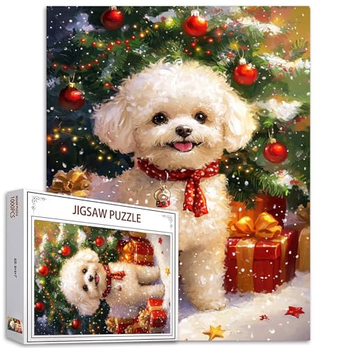 Weihnachten Bichon Frise Jigsaw Puzzle 1000 Teile Puzzles für Erwachsene Xmas Puppy Art Jigsaw Puzzles für herausfordernde Familie Aktivität Spiele bunte DIY Handarbeit Puzzle für Home Decor Geschenke von Tucocoo