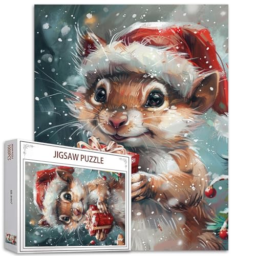 Weihnachtsmannmütze Puzzles für Erwachsene 1000 Teile Weihnachten Niedliches Eichhörnchen mit Weihnachtsmannmützen Puzzle Rote Geschenkbox Tierpuzzle Handarbeit Puzzle Home Decor Geschenke Familie von Tucocoo