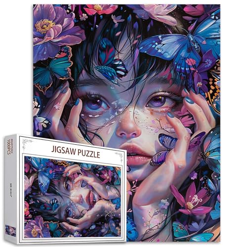 Wunderschöne Mädchen Puzzles für Erwachsene,1000 Teile,Schmetterling Frau Kunst Puzzle,Bunte Blumen Puppe DIY Puzzles für Zuhause Dekoration,Geschenke,Familie Puzzle Dekoration,Perfekt Spiel Abende von Tucocoo