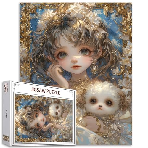 Wunderschönes Mädchenpuzzle für Erwachsene,1000 Teile,Hund und Puppe Kunstpuzzle,Bunte Lilienblumen DIY Puzzle für Heimdekoration,Geschenke,Familienpuzzle Dekoration,Perfekt für Spieleabende von Tucocoo