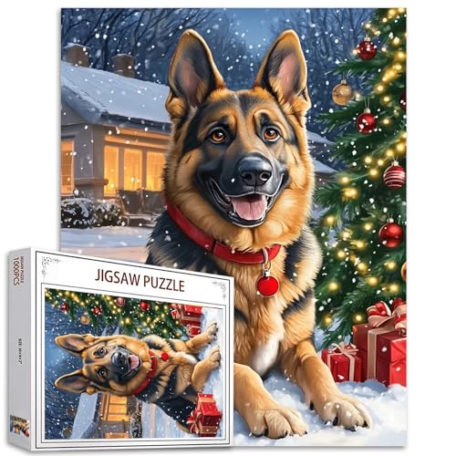 Xmas Schäferhund 1000 Stück Jigsaw Puzzles für Erwachsene Weihnachtsbaum Puzzles deutsche Tiere Puzzle herausfordernde Familie Aktivität Spiele Bunte DIY Handwerk Puzzle für Home Decor Geschenke von Tucocoo