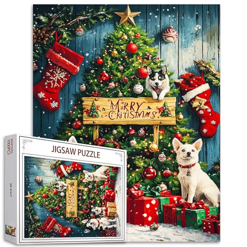 Xmas Tree 1000 Stück Jigsaw Puzzles für Erwachsene Merry Christmas Puzzles Weihnachten Hund Puzzle Handwerk DIY Puzzles für Home Decoration Geschenke Familie Puzzle perfekt für Spieleabende von Tucocoo