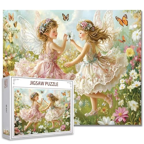 Zwei niedliche kleine Feen Jigsaw Puzzle, Fee Mädchen mit Schmetterlingen Blumen 1000 Stück Jigsaw Puzzles für Erwachsene Puzzles HD Qualität Fantasy Puzzle Geschenk, Familienaktivität für Spielabend von Tucocoo