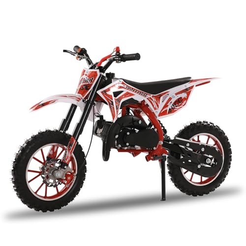 49cc 2-Takt Dirt Bike, Mini Motorrad, Kinder Dirt Bike Hydraulische Stoßdämpfung, Off Road Kinder Motorrad mit Scheibenbremsen vorne hinten, Racing Max Speed 40km/h (Rot) von Tuelaly