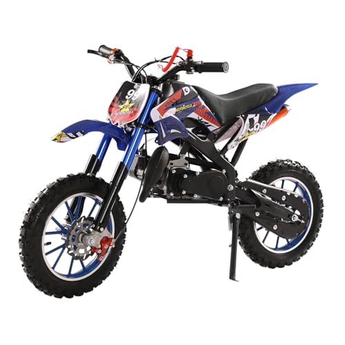 49cc 2-Takt Dirt Bike Mini Motorrad Kinder Dirt Bike Hydraulische Stoßdämpfung Off Road Kinder Motorrad mit Scheibenbremsen vorne hinten Racing Max Speed 40km/h (Blau) von Tuelaly