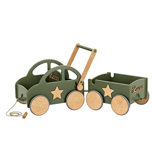 Holzwagen Kinder - Lauflernwagen Holz - Eigener Name - Leiterwagen für Kinder- Bollerwagen Holz - Solide mit Einer Schnur für kleine Kinder - Bollerwagen Holz Kinder (Khaki) von TukuTuk