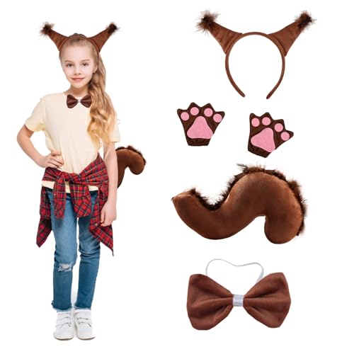 4 StückTier Eichhörnchen Kostüm Set,Kinderkostüm für Mädchen Karneval Fasching,mit Eichhörnchen Ohren Schwanz Fliege Kaffeehandschuhe Set,für Tierkostüm Cosplay Geburtstagsparty Kostüm Partyzubehör von Tulov