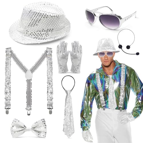 Glitzer Accessoires Herren,Glitzer Kostüm Herre,mit Pailletten Hosenträger Fliege Paillettenhut Kopfmikrofon Sonnenbrille Pailletten handschuhen,Outfit Herren für Fasching Party Dance Performence von Tulov