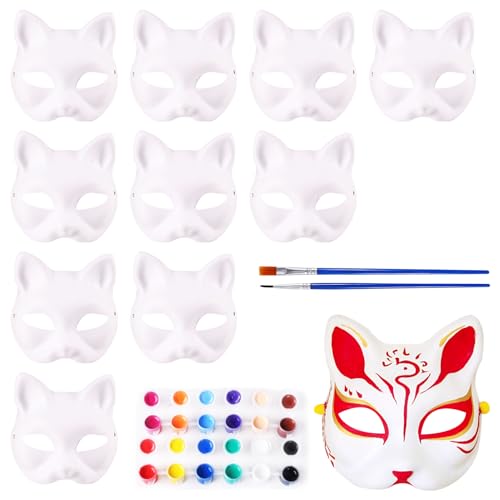 Tulov 10 Stück DIY Katzenmaske, Katzenmasken zum Bemalen, Weiße Papier Halbmasken, Party Maske für Kostümpartys, Karneval, Rollenspiele, Halloween-Partys von Tulov