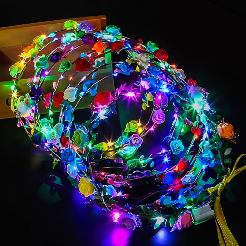 Tulov 10 Stück LED Blumenkranz Stirnband, Leuchtend Haarkranz, Girlanden Stirnband mit zehn Blumen und zehn LED-Lichtern, leuchtender Kopfschmuck für Partys, Festivals, Hochzeiten von Tulov