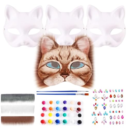 Tulov 3 Stück DIY Katzenmaske Set, Katzenmasken mit Fell, Pigment und Edelstein-Aufklebern, Party Maske für Kostümpartys, Karneval, Rollenspiele, Halloween-Partys von Tulov